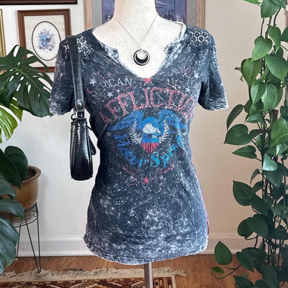 Y2K Affliction American Customs Graphic Tee Black Acid Wash Rhinestone Lace L - Picture 2 of 6